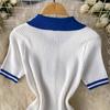 Two 2 Pieces Set for Women Summer Sexy Polo Collar Short Sleeve Buttons Knit Top and Elastic Waist Mini Pleated Skirt Suits