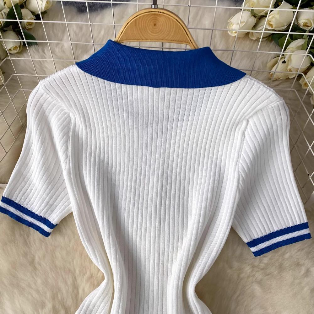 Two 2 Pieces Set for Women Summer Sexy Polo Collar Short Sleeve Buttons Knit Top and Elastic Waist Mini Pleated Skirt Suits