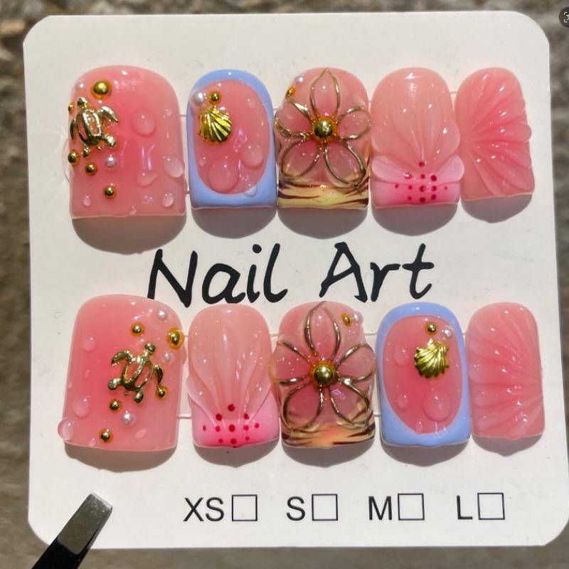 10pcs French Square Handmade Press On Nails Summer Ocean Series 3D Flower Reusable Fake Nails