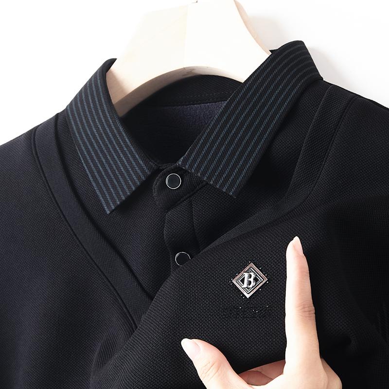 

Продвинутый Роскошный Рубашечный Воротник Плюшевый Толстый Свитер Мужской Осенняя Мода Брендовая Вышивка Комплект-двойка с Имитацией Длиннорукавная Футболка XXL чёрный