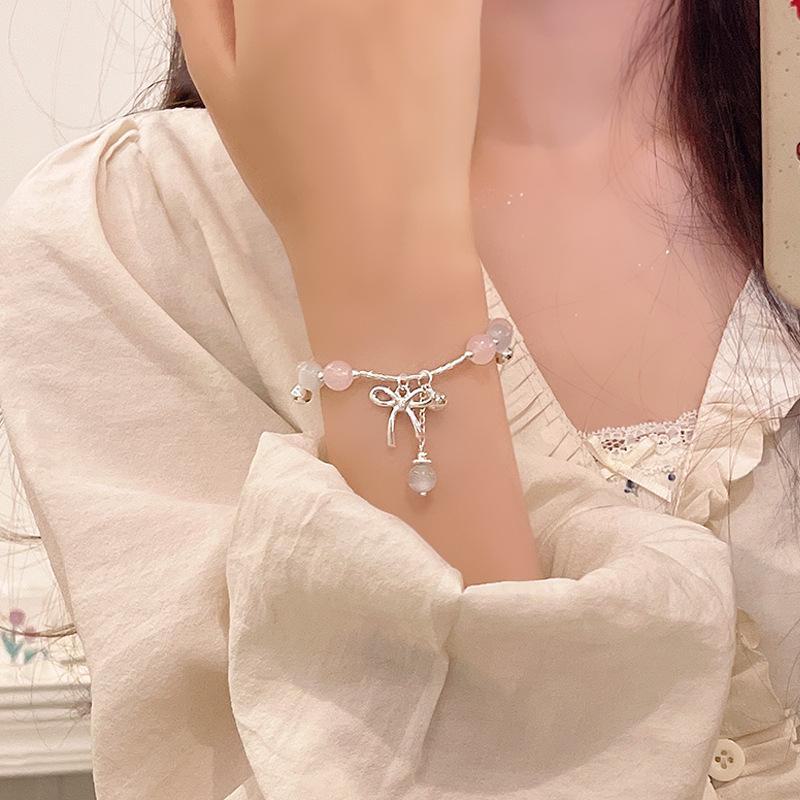Korean Style Cat's Eye Stone Beaded Bracelet: Elegant Bow Design, Women's Jewelry Collection