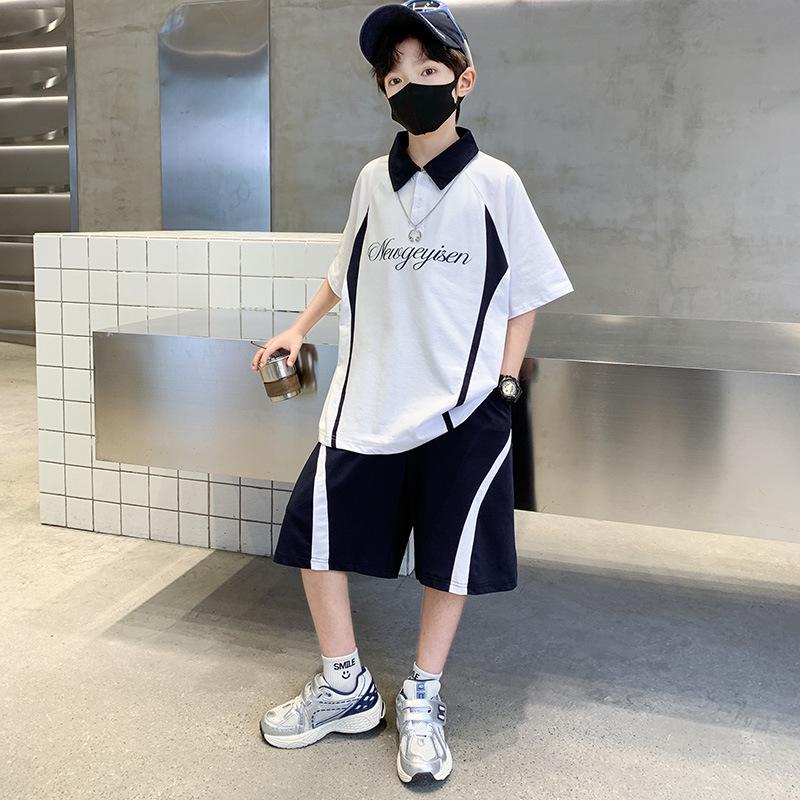 Boys  Summer Knit Color Block Polo & Letter Print Shorts Set (2026) 140 cm