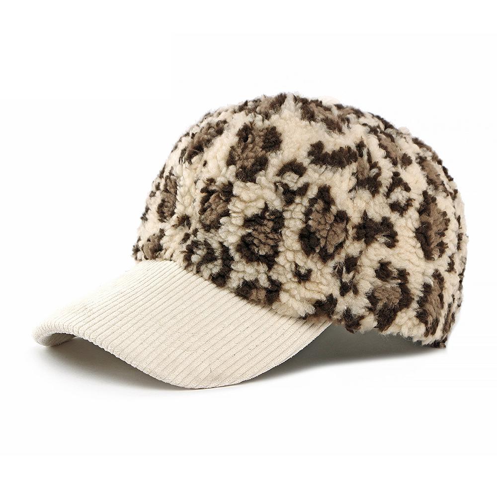 Lamb Wool Hat Women's Autumn Winter Thick Warm Baseball Cap Sunscreen Sun Hat Leopard Print Cap
