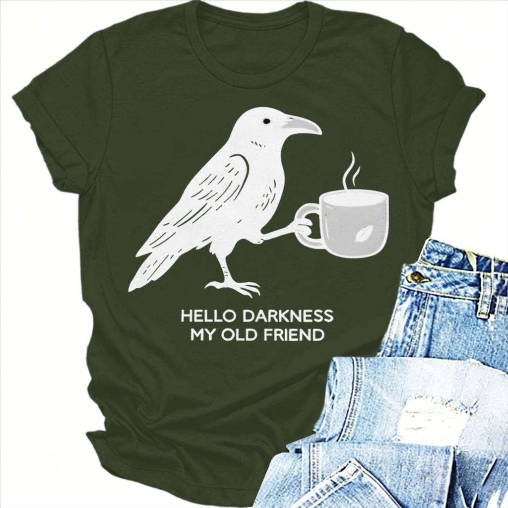 Hallo Dunkelheit Mein Alter Freund Krähe Rabe Kaffee Dunkler Humor Gothic Grafik T-Shirt Kurzarm Unisex Unisex T-Shirts