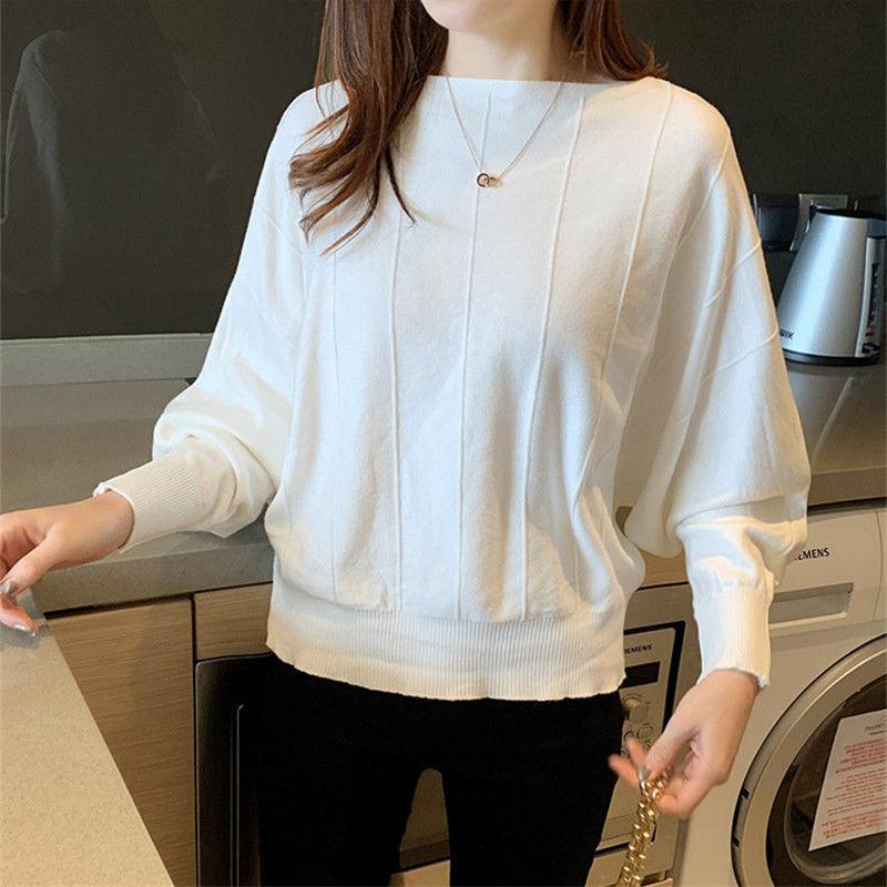 Dámský jarní a podzimní krátký pletený svetr s kulatým výstřihem v korejském stylu - Volný pulovr s netopýřími rukávy jako základní vrstva