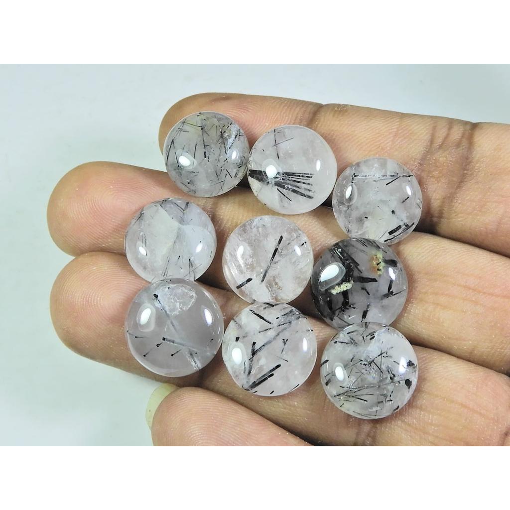 14 MM Natural Black Rutile Round Cabochon Loose Gemstone 9 Pcs Lot A-260