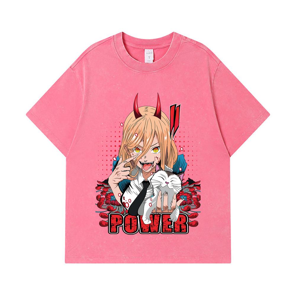 275 GSM Washed T-shirts 100% Cotton Chainsaw Man V51 Power Print Unisex Heavy Cotton T Shirt