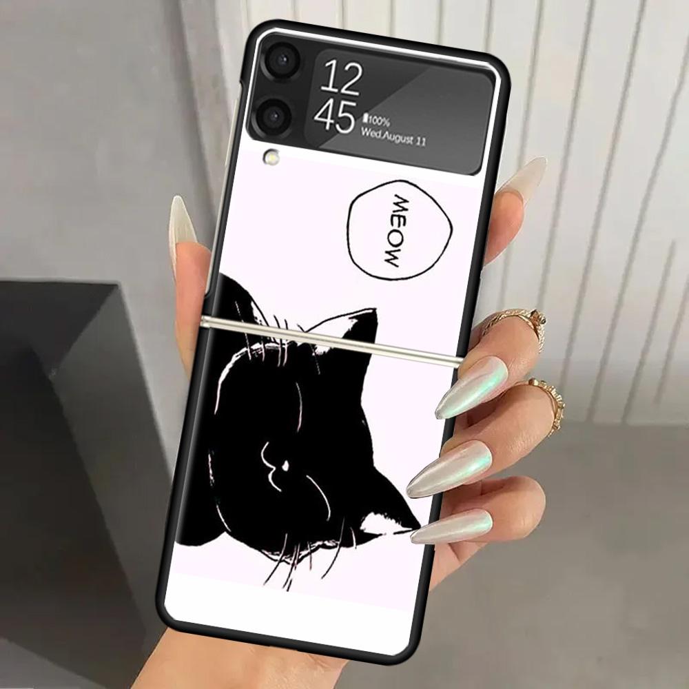 Cat Cute Kitten Cartoon Hard PC Phone Case For Samsung Galaxy Z Flip 7 6 5 4 3 Black ZFlip7 ZFlip6 Flip5 Flip4 Flip3 5G Print Co