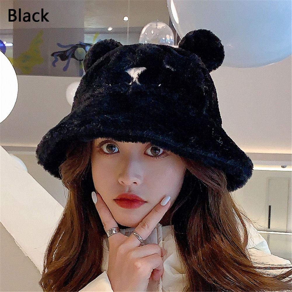 

Милая теплая толстая шапка-ведро с медвежьими ушками, меховая шапка-ведро, мягкая плюшевая шапка-ушанка чёрный