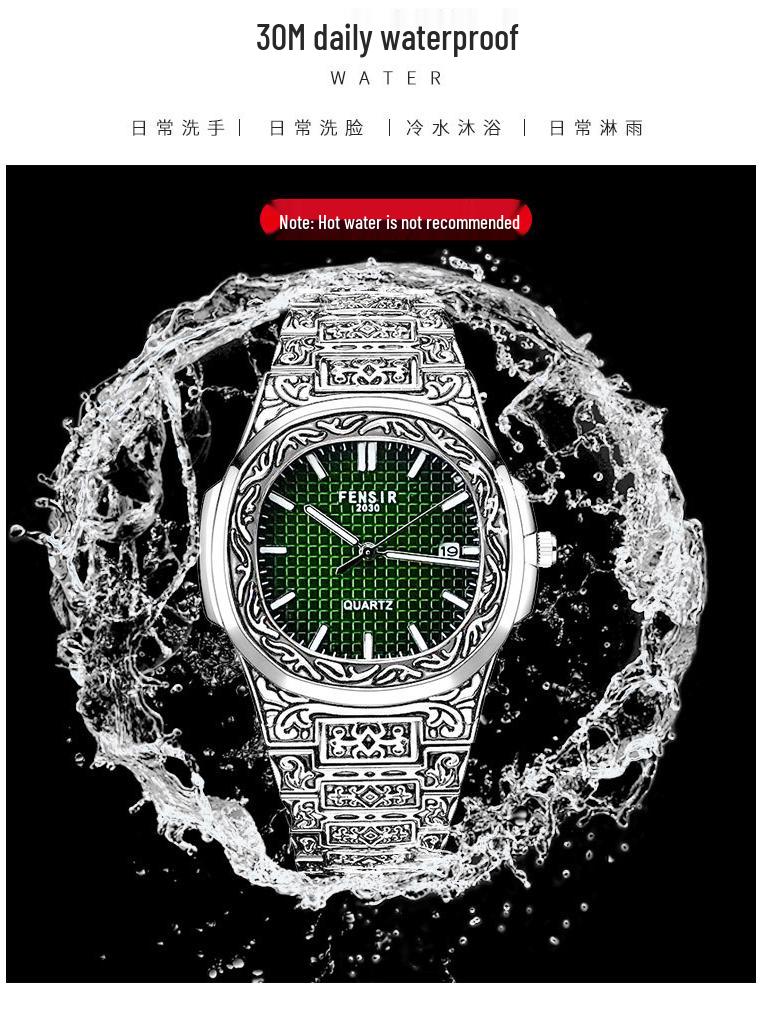 FENSIR Engraved Mesh Men's Retro Calendar Quartz Watch In European and American Style