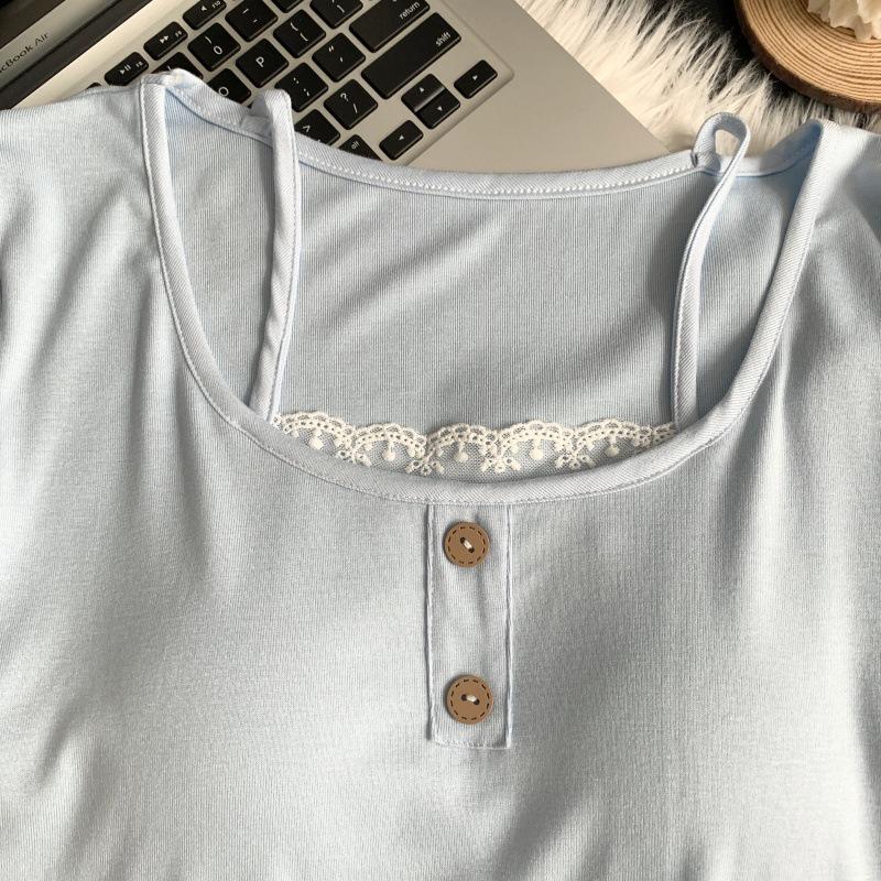 Women's Summer Modal Pajamas with Built-in Bra Pads - 2026 New Style Camisole, Short Sleeve, Lace Shorts Homewear