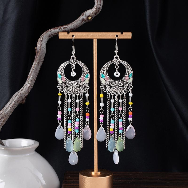 Super Fairy Tassel Long Retro Earrings Women'S Summer Ethnic Vacation Style Stud Earrings Water Droplets Colored Rice Beads Beaded Earrings