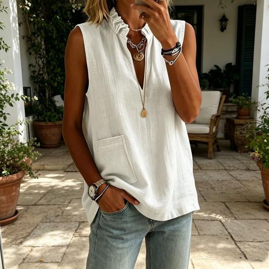 Camicia da Donna Cotone Lino Vestibilità Larga Senza Maniche Scollo a V Top Traspirante Comodo Stile Casual Gilet per Lavoro Festa Vacanza Appuntamento
