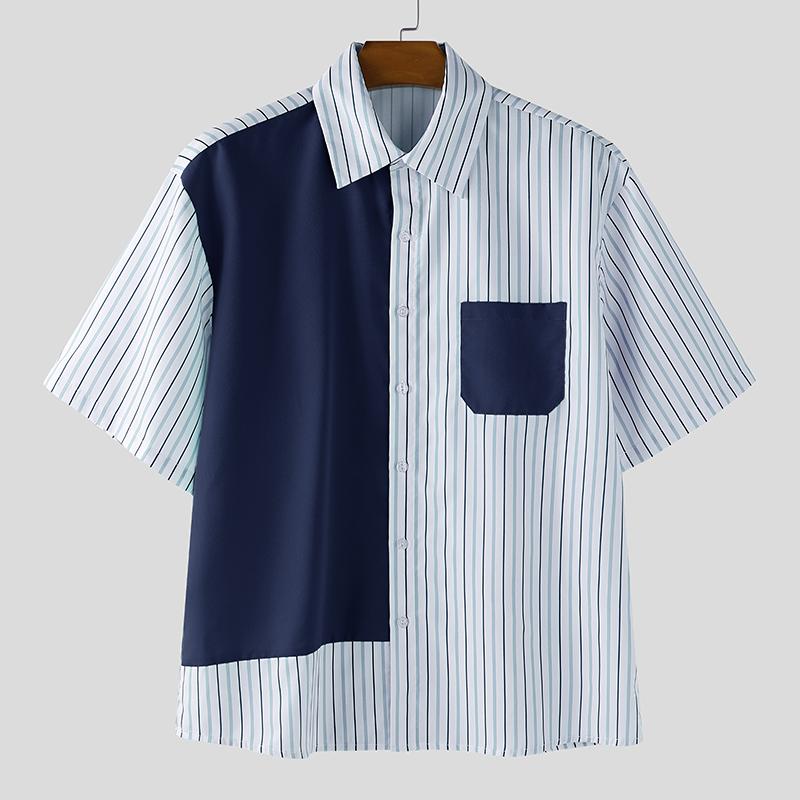 INCERUN Men Striped Shirts Casual Short Sleeve Patchwork Buttons Up Tops