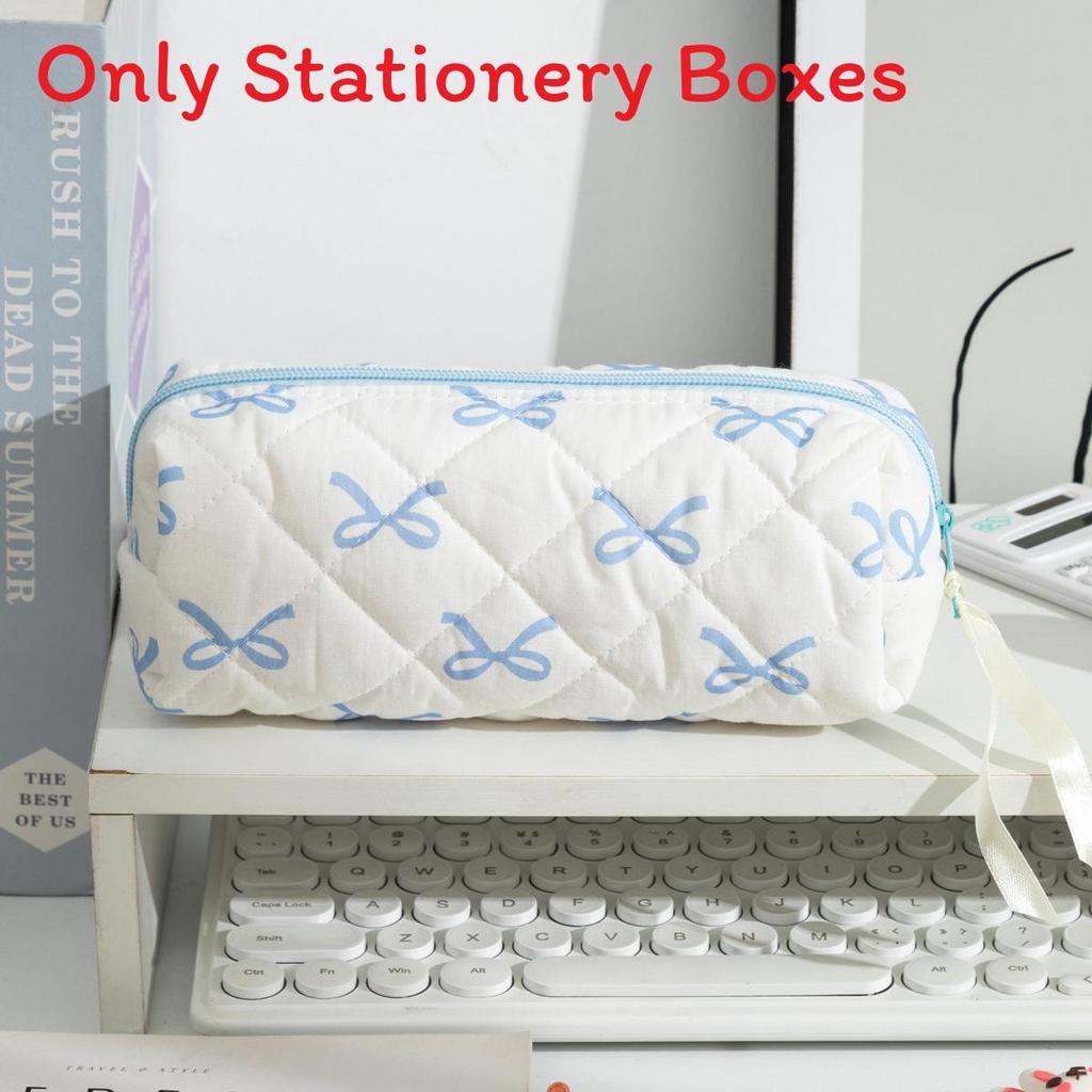 Large Capacity Fabric Pencil Bag With Bow Pattern For Students And Organization