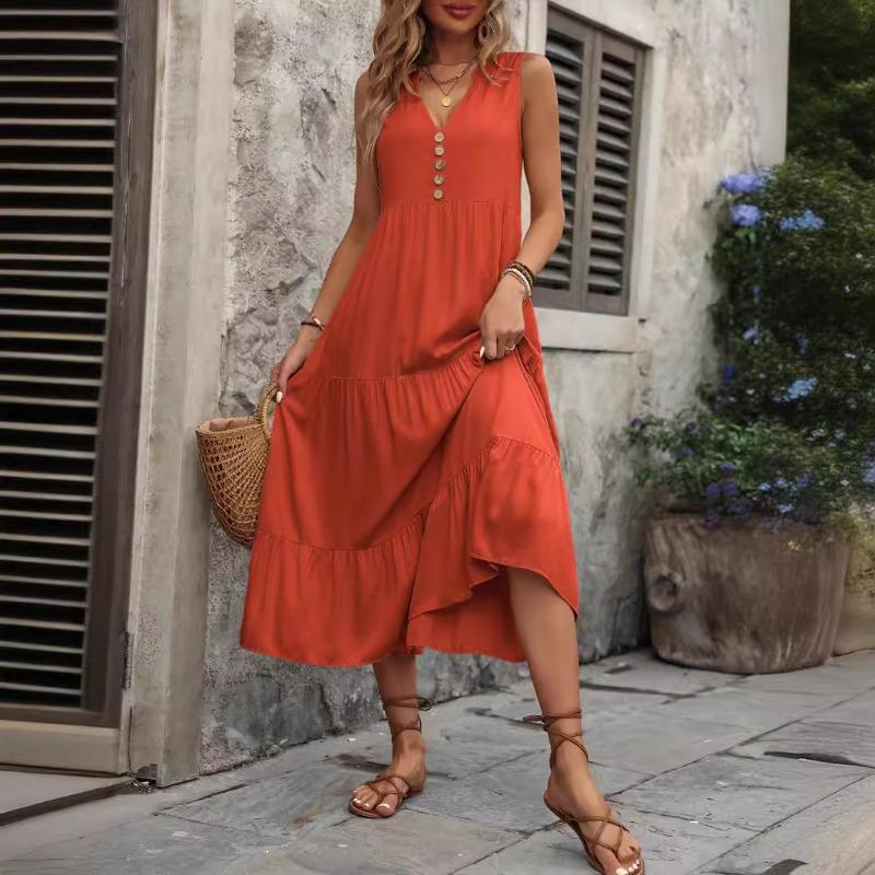 

Летние свободные повседневные платья без рукавов А-силуэта, женские элегантные модные плиссированные пляжные платья для отдыха, женское однотонное простое облегающее винтажное женское платье 26243 XXL оранжевый