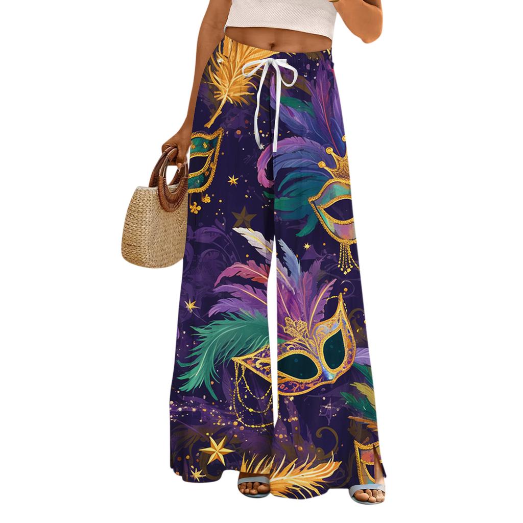 Damskie Luźne i Codzienne Spodnie z Szerokimi Nogawkami z Nadrukiem, z Elastycznym Pasem, Sznurkiem i Kieszeniami