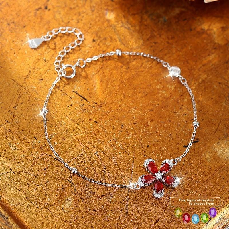 Summer Cherry Blossom Crystal Stone Jewelry S925 Sterling Silver Bracelet Natural Crystal