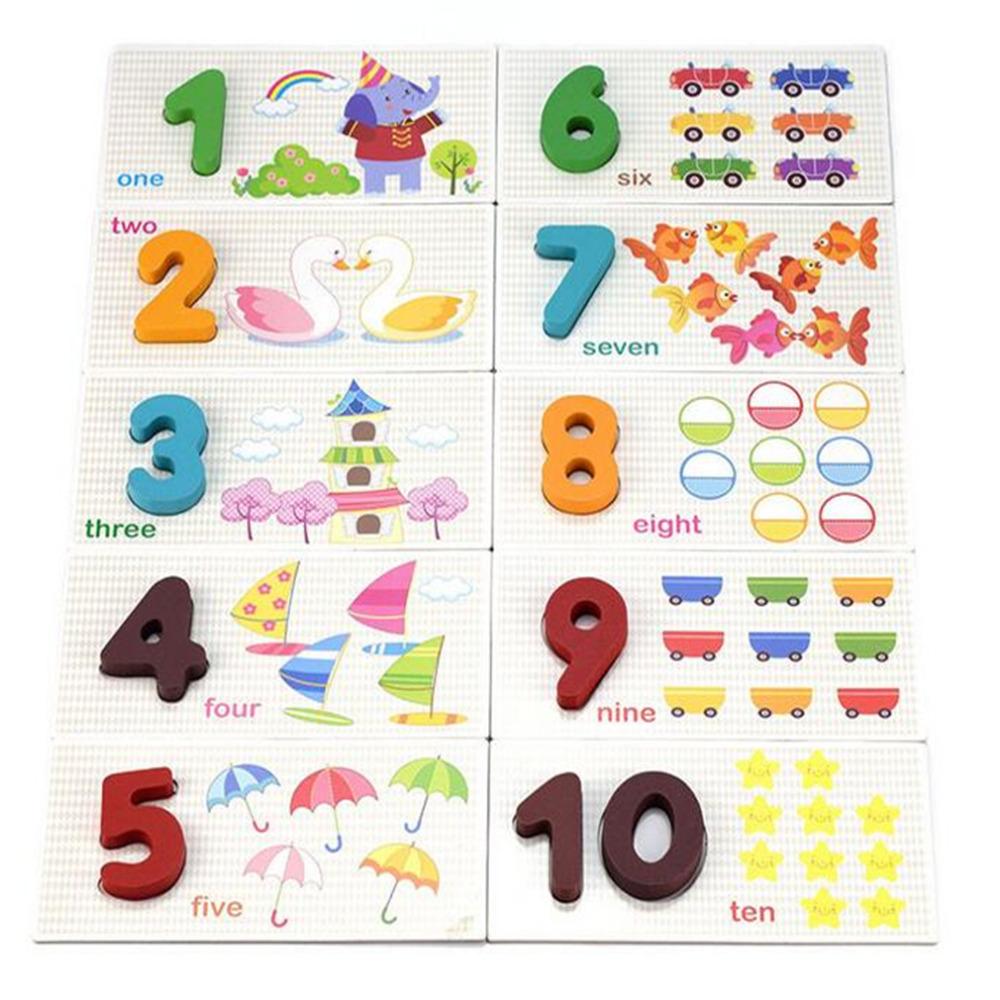 1-10 Digital Wooden Toys 10pcs Card Matching 3D Puzzle Kids Early Learning Cartoon Animal Math Puzzl