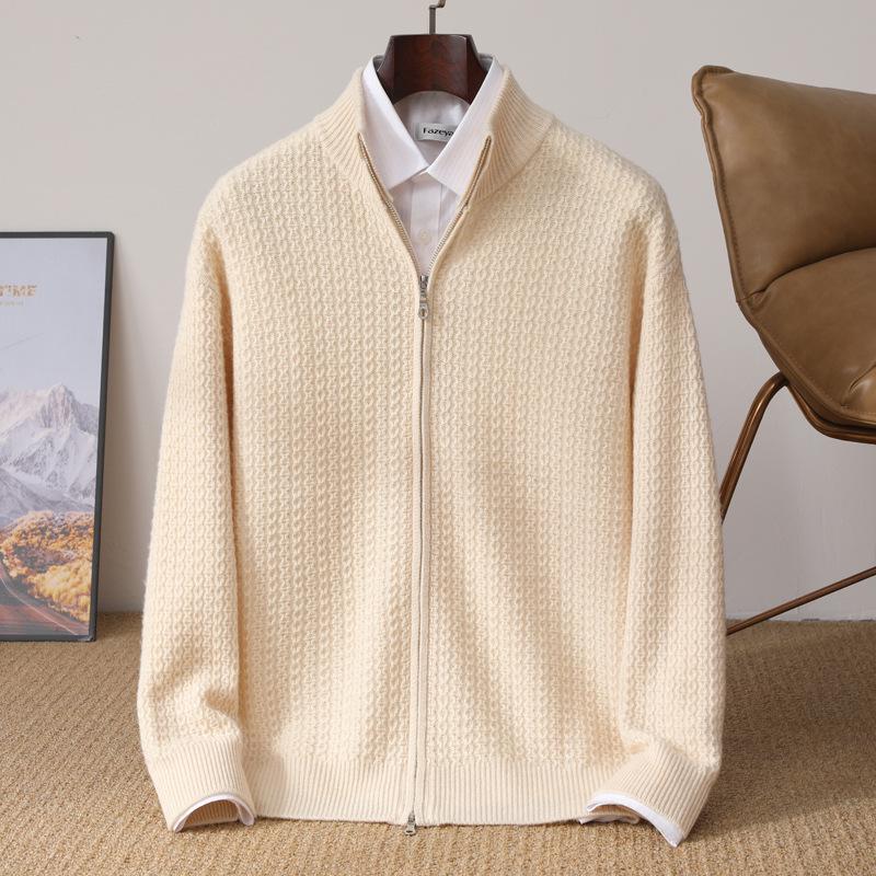 Men's 100% Pure Wool Thickened Half-High Collar Zipper Cardigan Sweater for Autumn/Winter