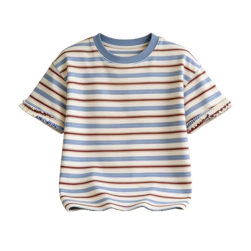 Unisex Kids' Cotton Striped T-shirt with Letter Print - Trendy Summer Short Sleeve Top