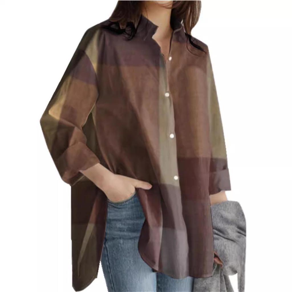 2024 Women's Fashion Loose Casual Plaid Patchwork Long-Sleeve Irregular Shirt for Autumn and Winter