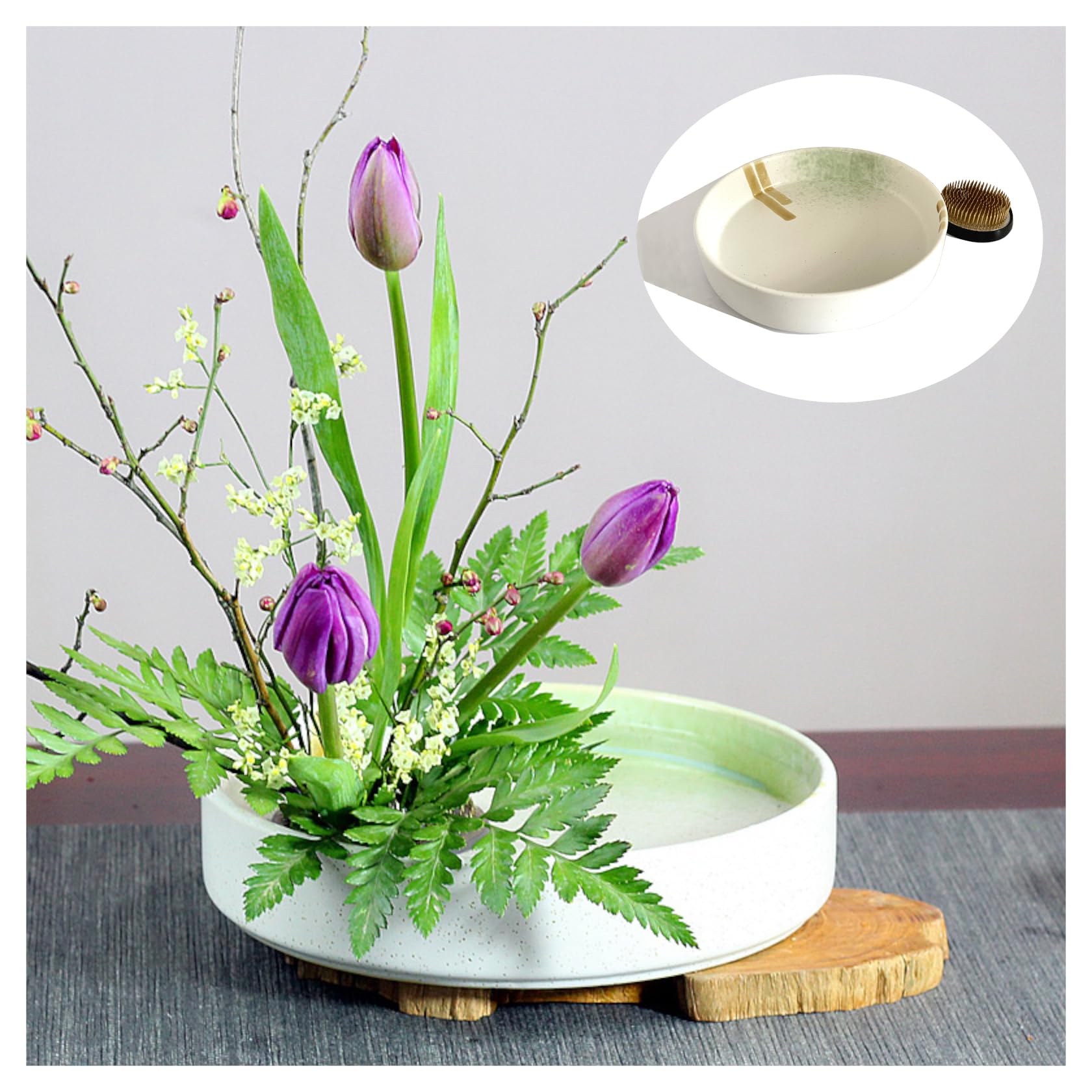 Flatland Flower Arrangement Vase/Water Basin 20cm with Round Kenzan (7cm) and Rubber Ring (White, Round Kenzan 7cm)