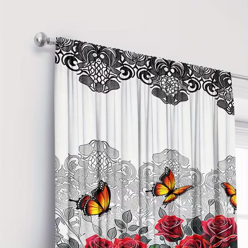 Set Of 2 Dark Rose Butterfly Print Curtains Suitable Bedroom Living Room Kitchen Decoration Home Window Curtain Polyester Perfect For Sitting