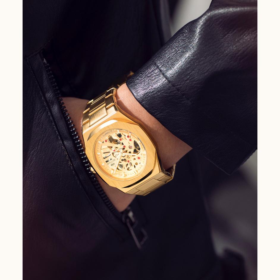 Automatic Mechanical Watches for Men Skeleton Hollow Dial Luminous Wrist Watch Steel Strap Square Case Watch Waterproof