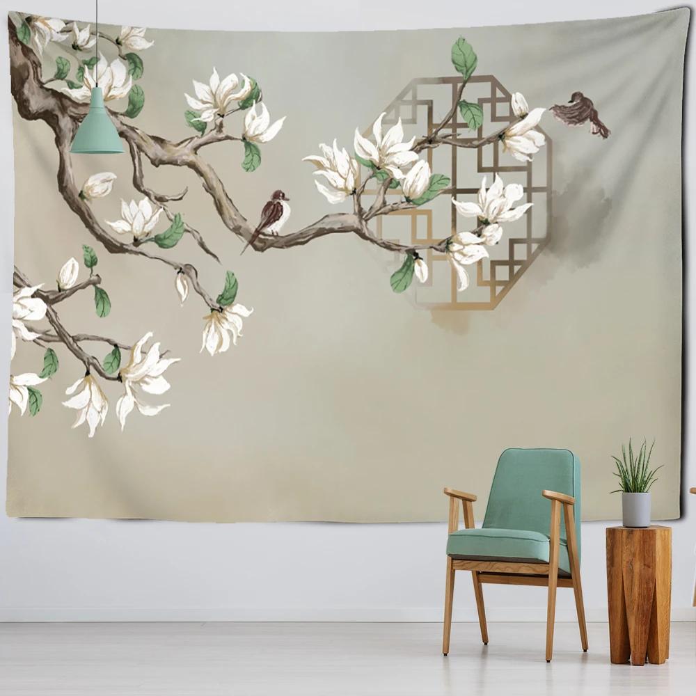 Artistic Conception Flower And Bird Painting Mural Tapestry Bohemian Psychedelic Wall Hanging Bedroom Living Room Home Decor