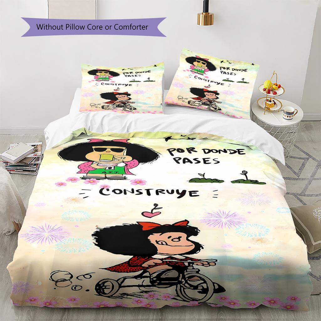 Pościel z wzorem Mafaldy, Zestaw kołdry Poszewka na kołdrę Poszewka na poduszkę Domowy prezent urodzinowy (1 * poszwa na kołdrę + 2 * poszewki na poduszki, bez rdzenia)