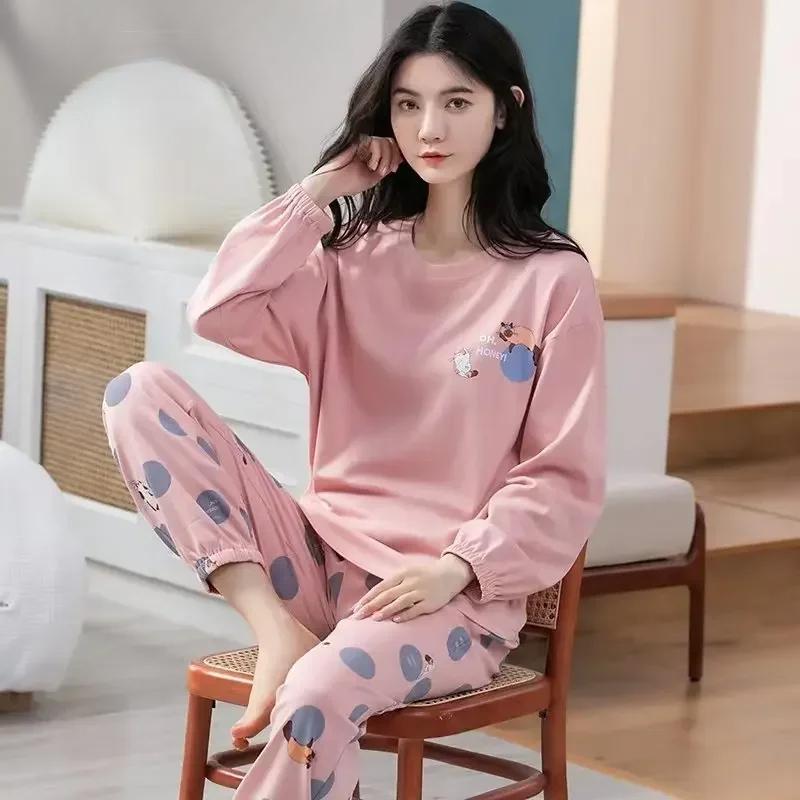 Herbst Frühling Frauen Neue Pyjamas Set Langarm Rundhals Frau Nachtwäsche Pringitng Mädchen Casual Loungewear