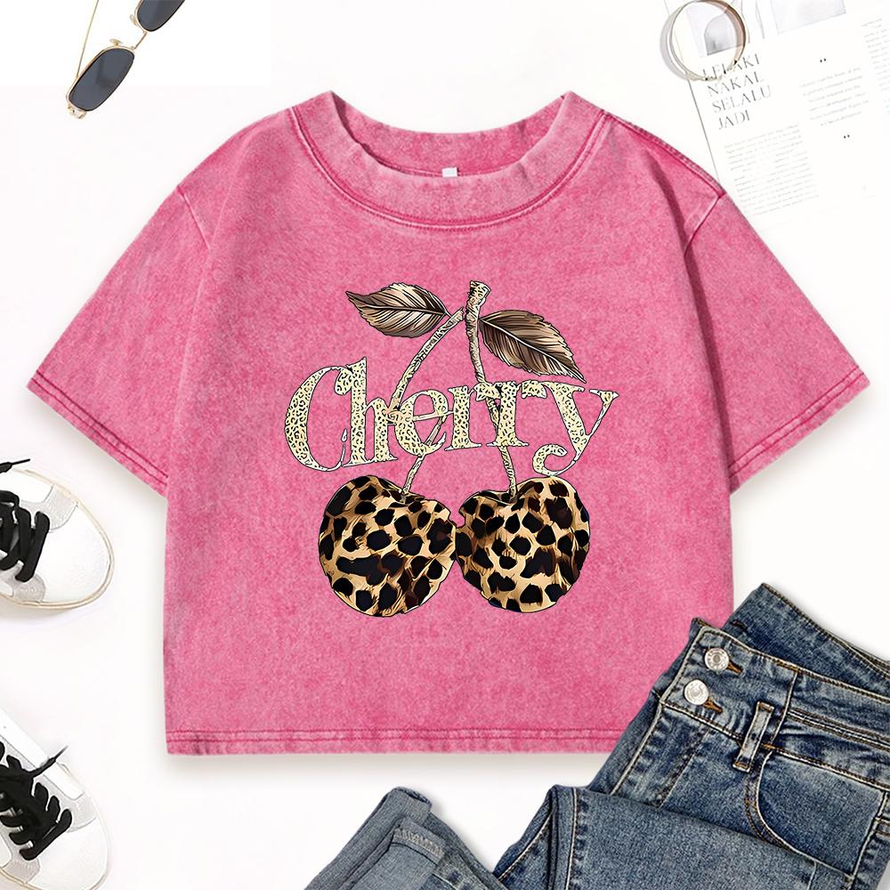 Leopard Texture Cherry Printed Washed T-Shirt Women O-Neck Crop Top Crewneck T Shirts Woman Cotton Casual Clothing