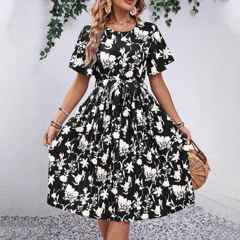 Summer casual chic elegant floral print cinched waist dress