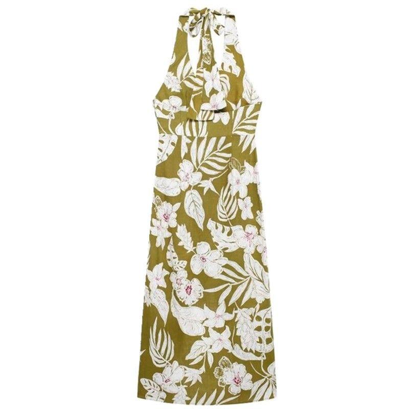 

Fashion Style 2024 Autumn New Women s Halterneck Collar Linen Blended Flower Print Mid Length Long Length Dress 8225711 Picture color L