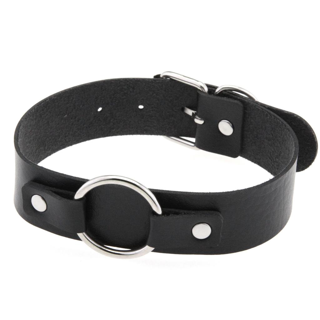 Unisex Round Ring PU Leather Choker, Harajuku Punk Adjustable Neck Collar