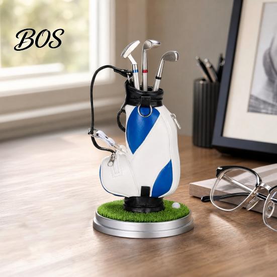 Men Office Decoration Golf Pen Holder Set, Mini Bag Desk Organizer with 3 Putter Club Pens, Novelty Decor for Men, Business Gift