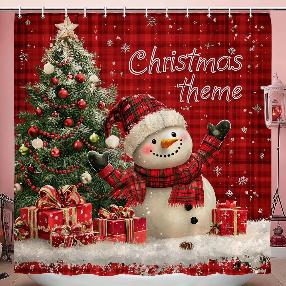Christmas Santa Claus Snowman Printed Bathroom Shower Curtain with Hooks , Printed fabric for Home Holiday Decoration Curtain