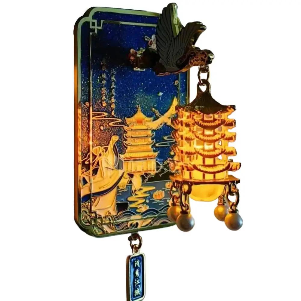 Light Up Fridge Magnet Chinese Yellow Crane Tower, Decoration Blossom Wuhan Art Pink Cool Cherry from Home Souvenir, Metal B6Z8