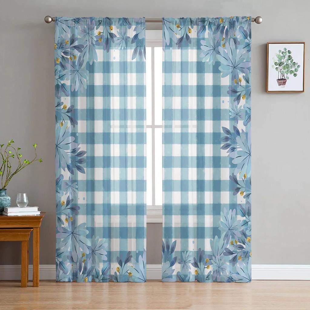 Blue Watercolor Flower Tulle Curtains For Living Room Chiffon Voile Sheer Window Curtain For Bedroom