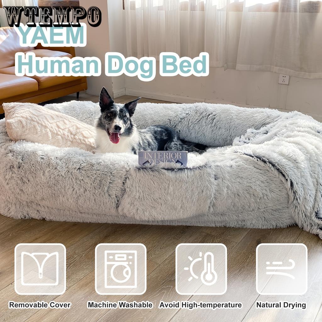 Cozy Human-Sized Dog Bed for All Breeds - 71"x45"x12" Faux Fur Pet Lounger with Non-Slip Base, Washable, Includes Plush Pillow & Blanket - Grey