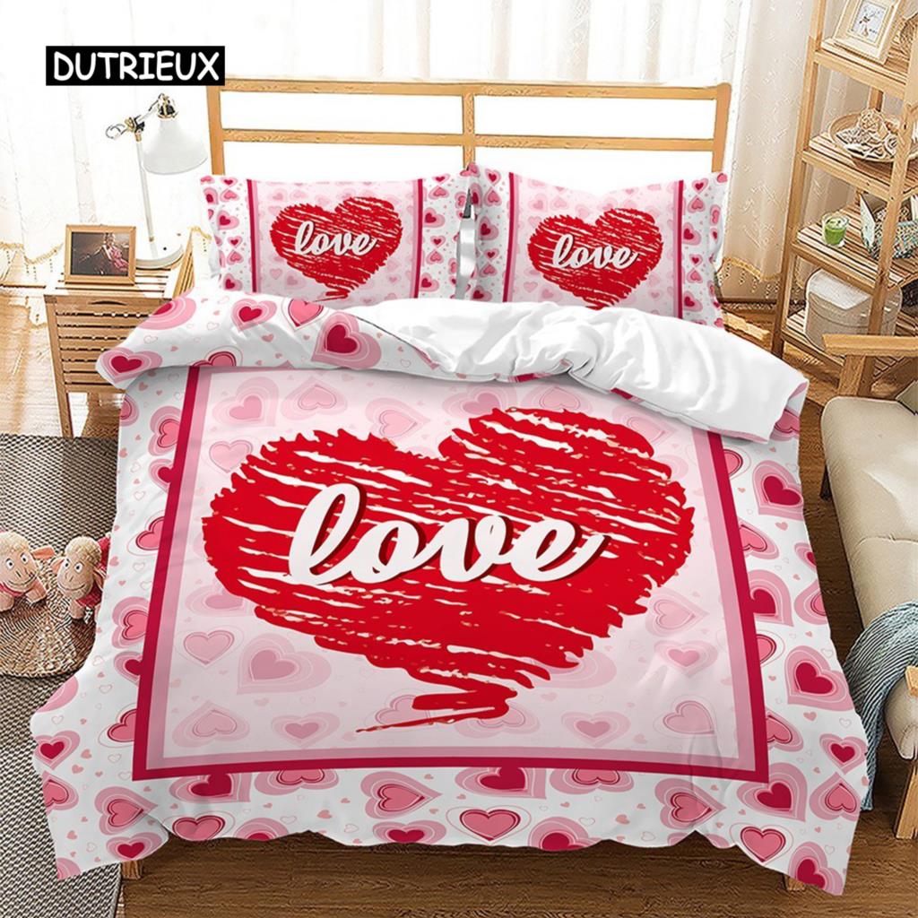 Pink Valentine's Day Love Heart Name Bedding Sets Single Double Size Fashion Flower Rose Duvet Cover for Bedroom Decorations