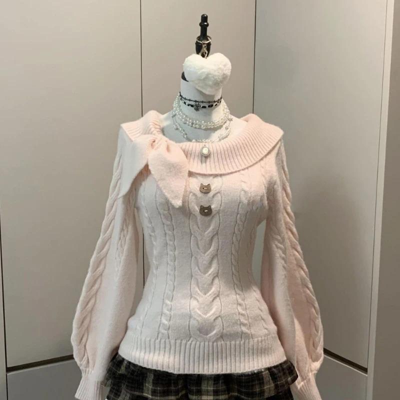 Women Sweet Hot Girl Bow Off-Shoulder Sweater Autumn Winter Elegant Sexy Fashion Knitted Tops Casual Y2k Knitwear Pullover New