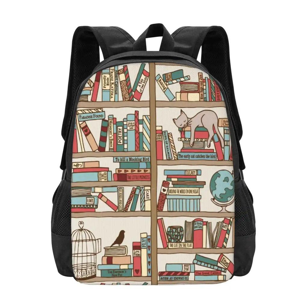 Bookshelf No.2 Pattern Design Bag Student's Backpack Cat Sleeping Bookshelf Hand Drawn Pattern Reading Writer Novel Literature
