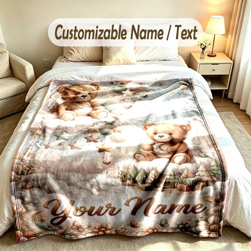 Teddy Bear Theme Custom Blanket Personalized Name & Text Customized Soft Warm Throw Blanket Home Decor