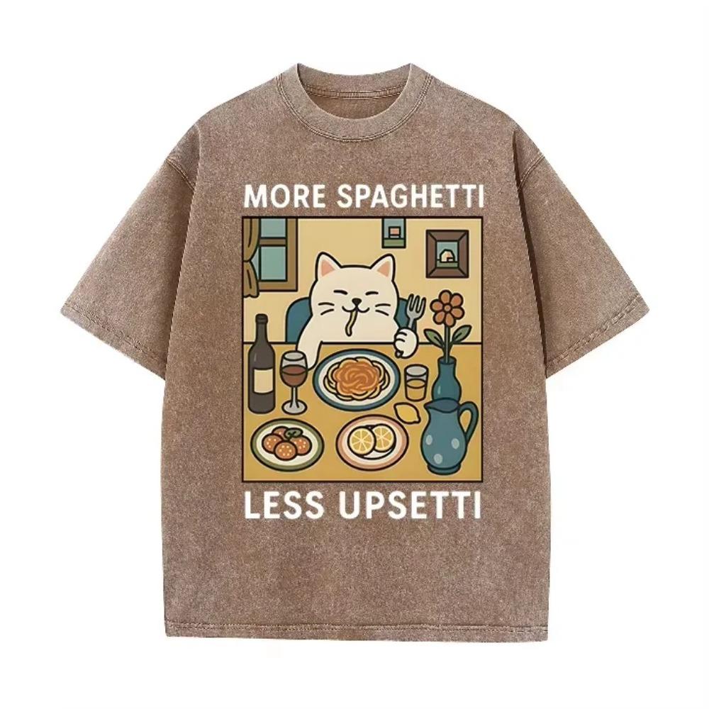 Süße Katze isst Spaghetti Witz Slogan Grafik Vintage Wash Übergroßes Schwarzes T-Shirt Essensliebhaber Täglich Streetwear Top