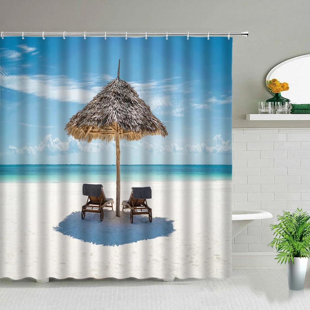 Palm Tree Ocean Scenery Shower Curtains Beach Sea Landscape Waterproof Polyester Fabric Bathroom Decor Bath Curtain with Hooks