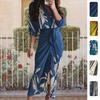 Women's V-Neck Printed Maxi Dress with Waist Tie, Three-Quarter Sleeves, Wrap Style, A-Line Silhouette, Multicolor Options