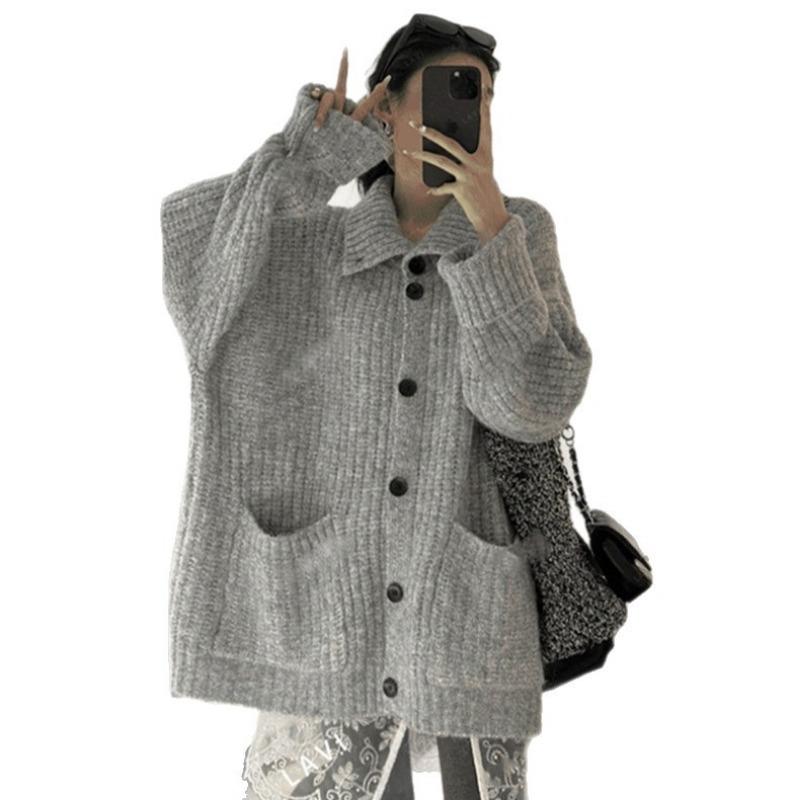 Soft Waxy Wear Loose and Lazy Sweater Jacket Women's Autumn and Winter Lapel Solid Color Knitted Cardigan