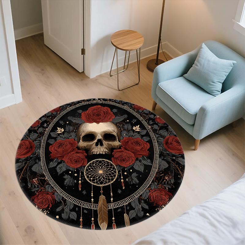 Skull and Rose pattern round rug,Carpet Rug for Living Room Bedroom Sofa Playroom Decor,Non-slip Floor Mat,Holiday Gifts and Birthday Gifts